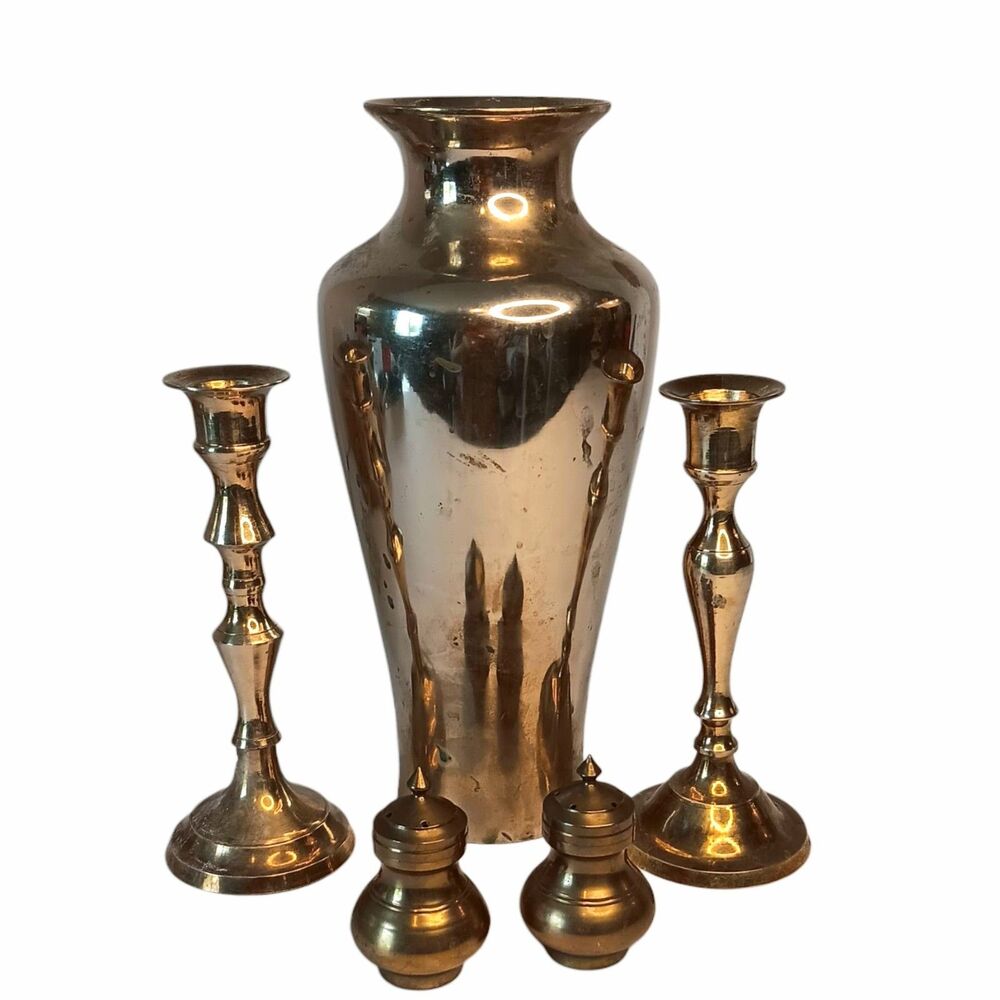 Brass Lot Of 5 Items - 9" Vase, Two 6" Candleholders, 1.5" Salt & Pepper Shakers